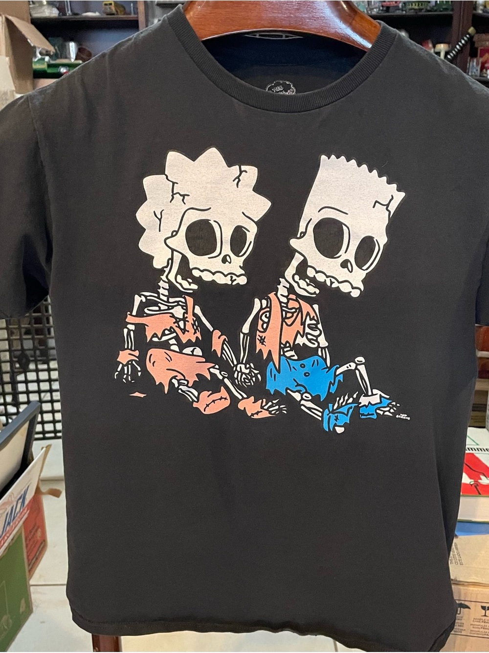 Simpsons Black Graphic Tee with Skeleton Cartoon Characters